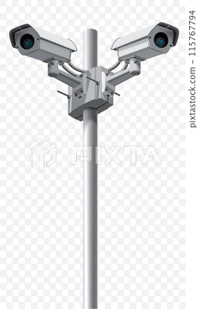 Vector of realistic white CCTV cameras left and right on transparent background used for illustration safety concept Vector of realistic white CCTV cameras left and right on transparent background used for illustration safety concept 115767794