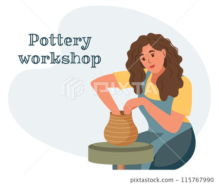 A woman with a clay pot on a potter's wheel. Hobby concept. Flat illustration, clip art, vector A woman with a clay pot on a potter's wheel. Hobby concept. Flat illustration, clip art, vector 115767990