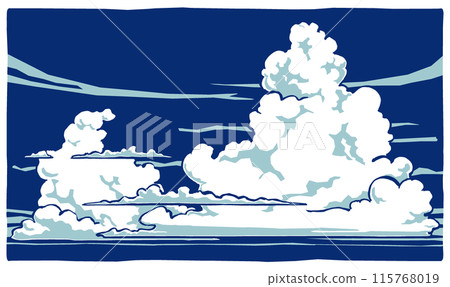 大大小小的雲彩在深藍色的夏日天空中升起，用毛筆和兩種顏色塗成 115768019