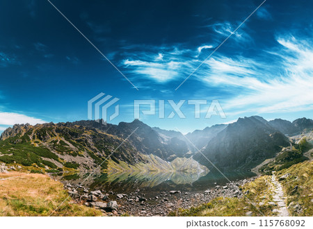 Tatra National Park, Poland. Lake Czarny Staw Under Rysy And Summer Mountains Landscape. Beautiful Nature, Scenic Panoramic View Of Five Lakes Valley. UNESCO World Heritage Site. Panorama 115768092