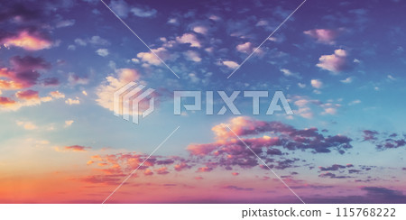 Panorama Sunset Sunrise Sky Background. Natural Bright Dramatic Sky In Sunset Dawn Sunrise. Yellow, Blue And Pink Colors 115768222