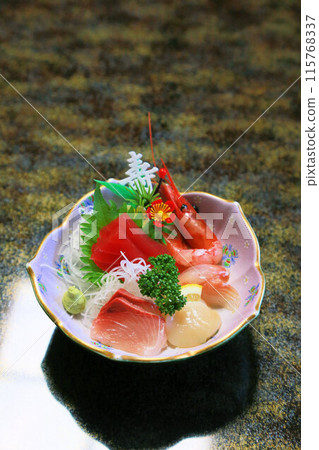 Beautifully presented Japanese food, full course Japanese kaiseki cuisine, Japanese course meal, assorted sashimi 115768337