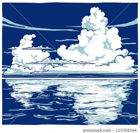 Large and small cumulonimbus clouds rising in the deep blue summer sky over the ocean - brush drawing, two-tone painting Large and small cumulonimbus clouds rising in the deep blue summer sky over the ocean - brush drawing, two-tone painting 115768394