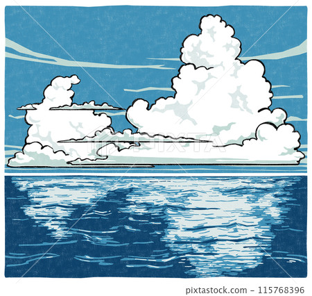 Large and small cumulonimbus clouds rising in the summer sky over the ocean, woodblock style Large and small cumulonimbus clouds rising in the summer sky over the ocean, woodblock style 115768396
