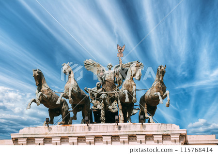Rome, Italy. Great Bronze Quadriga On Summit Of Palace Of Justice 115768414