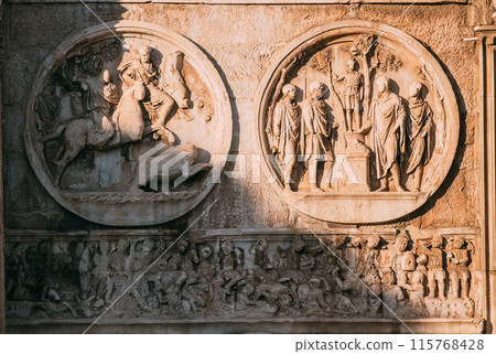 Rome, Italy. Details Of Arch Of Constantine. Bas-relief On Facade Of Triumphal Arch 115768428