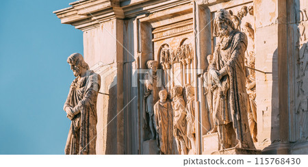 Rome, Italy. Details Of Arch Of Constantine. Statue And Bas-relief On Facade Of Triumphal Arch 115768430