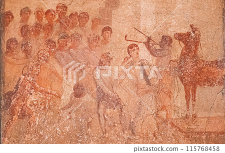Pompeii, Italy. Ancient Frescoes In Wall Of Old Building Pompeii, Italy. Ancient Frescoes In Wall Of Old Building 115768458