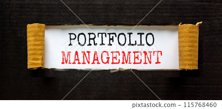 Portfolio management symbol. Concept words Portfolio management on beautiful white paper. Beautiful black paper background. Business Portfolio management concept. Copy space. Portfolio management symbol. Concept words Portfolio management on beautiful white paper. Beautiful black paper background. Business Portfolio management concept. Copy space. 115768460