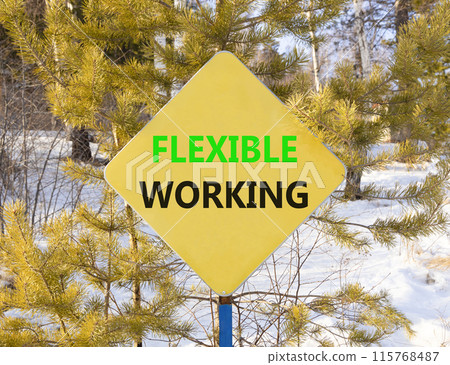 Flexible working symbol. Concept words Flexible working on beautiful yellow road sign. Beautiful forest trees snow background. Business flexible working concept. Copy space. Flexible working symbol. Concept words Flexible working on beautiful yellow road sign. Beautiful forest trees snow background. Business flexible working concept. Copy space. 115768487
