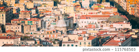 Naples, Italy. Top View Cityscape Skyline With Famous Landmarks In Sunny Day. Many Old Churches And Temples 115768503