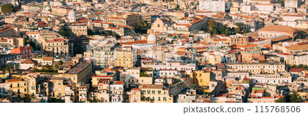 Naples, Italy. Top View Cityscape Skyline With Famous Landmarks In Sunny Day. Many Old Churches And Temples 115768506