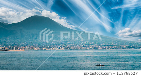 Naples, Italy. Man Training On Kayak In Tyrrhenian Sea. Landscape With Volcano Mount Vesuvius And Tyrrhenian Sea In Sunny Summer Day 115768527