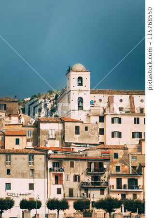 Monte San Biagio, Italy. Top View Of Residential Area. Cityscape In Autumn Day Under Blue Sky Monte San Biagio, Italy. Top View Of Residential Area. Cityscape In Autumn Day Under Blue Sky 115768550