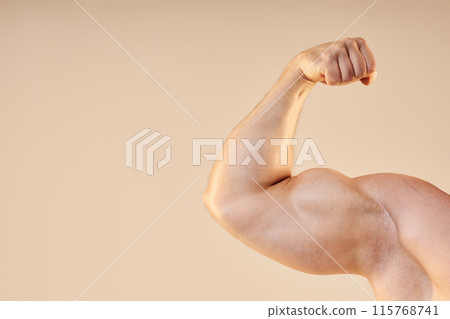 Cropped picture of pumped up sportsmans arm in front bicep pose isolated on neutral background, copy space Cropped picture of pumped up sportsmans arm in front bicep pose isolated on neutral background, copy space 115768741