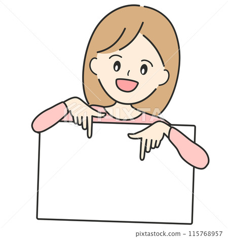 Illustration of a young Japanese woman pointing down with both hands to attract someone's attention Illustration of a young Japanese woman pointing down with both hands to attract someone's attention 115768957