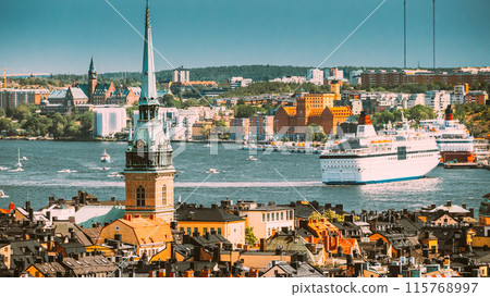 Stockholm, Sweden. Scenic View Of Skyline At Summer Day. Elevated View Of German St Gertrude's Church. Famous Popular Destination Stockholm, Sweden. Scenic View Of Skyline At Summer Day. Elevated View Of German St Gertrude's Church. Famous Popular Destination 115768997