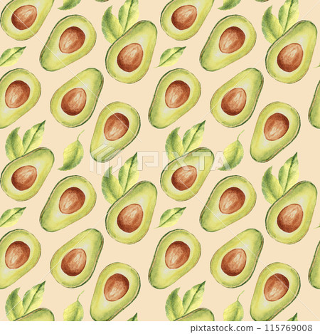 Watercolor Seamless Pattern of ripe avocado halves and leaves on a beige background. Can be used for kitchen textile prints, product packaging design. Watercolor Seamless Pattern of ripe avocado halves and leaves on a beige background. Can be used for kitchen textile prints, product packaging design. 115769008