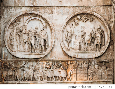 Rome, Italy. Details Of Arch Of Constantine. Bas-relief On Facade Of Triumphal Arch 115769055