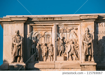 Rome, Italy. Details Of Arch Of Constantine. Statue And Bas-relief On Facade Of Triumphal Arch 115769067