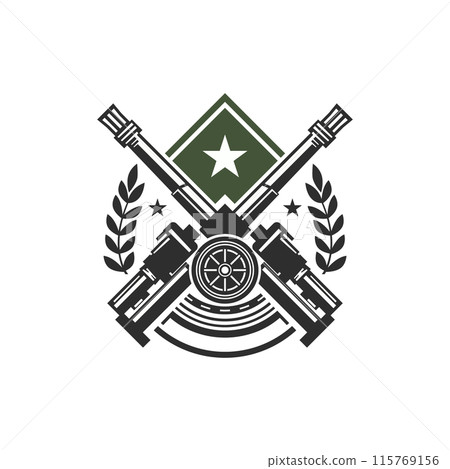 Isolated artillery division coat of arms. Military logo with modern cannons. Soldier chevron. Army heraldic sign. Black gun insignia Isolated artillery division coat of arms. Military logo with modern cannons. Soldier chevron. Army heraldic sign. Black gun insignia 115769156