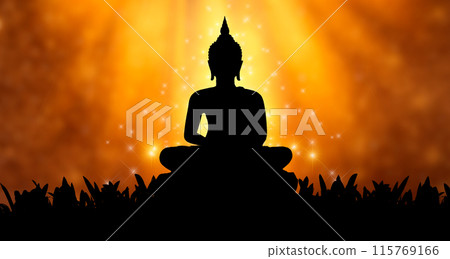 Buddha statue Silhouette Buddha sitting on lotus flower on orange background 115769166