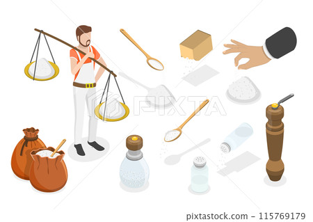 3D Isometric Flat Illustration of Salt Powder Collection, Salty Sea Crystals 3D Isometric Flat Illustration of Salt Powder Collection, Salty Sea Crystals 115769179