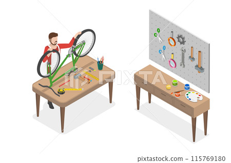 3D Isometric Flat Illustration of Fixing Bike, Technician Fixing a Bicycle 3D Isometric Flat Illustration of Fixing Bike, Technician Fixing a Bicycle 115769180