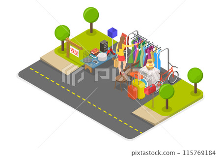 3D Isometric Flat  Illustration of Garage Sale, Flea Market Items 115769184