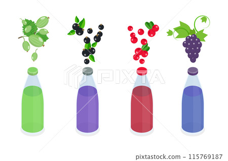 3D Isometric Flat Set of Bottles With Berry Beverage, Fresh Squeezed Juice 3D Isometric Flat Set of Bottles With Berry Beverage, Fresh Squeezed Juice 115769187