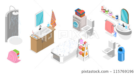 3D Isometric Flat Set of Bathroom Interior Furniture, Shower Cabin, Sink with Mirror, Toilet 3D Isometric Flat Set of Bathroom Interior Furniture, Shower Cabin, Sink with Mirror, Toilet 115769196