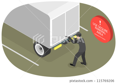 3D Isometric Flat  Illustration of Heavy Vehicle Parking Safity Rules, Truck Trailer Robbery 115769206