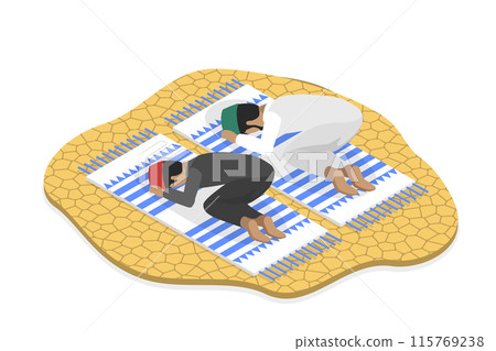 3D Isometric Flat  Illustration of Praying Muslim Men, Islamic Religion 115769238