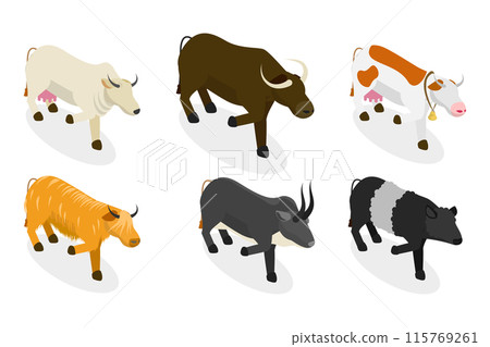 3D Isometric Flat  Set of Bulls And Cows, Farm Animals 115769261