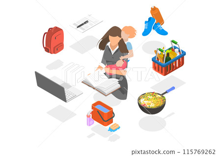 3D Isometric Flat  Illustration of Super Mom, Mother with Baby, Working, Coocking, Cleaning and Make a Shopping 115769262