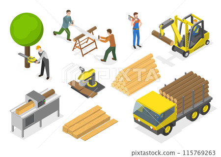 3D Isometric Flat Illustration of Timber Industry, Logging and Woodworking Process 3D Isometric Flat Illustration of Timber Industry, Logging and Woodworking Process 115769263