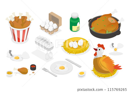 3D Isometric Flat  Set of Chicken Products, Tasty Fast Food 115769265