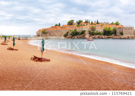 Sveti Stefan island in Montenegro and beach view 115769421