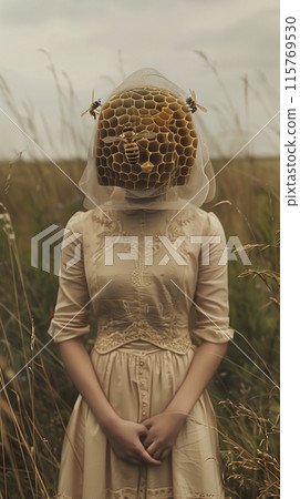 Dreamlike model photo of a woman wearing a beehive mask is standing in a field, approached by bees and embracing the beauty of nature and the connection to the honeybee Dreamlike model photo of a woman wearing a beehive mask is standing in a field, approached by bees and embracing the beauty of nature and the connection to the honeybee 115769530
