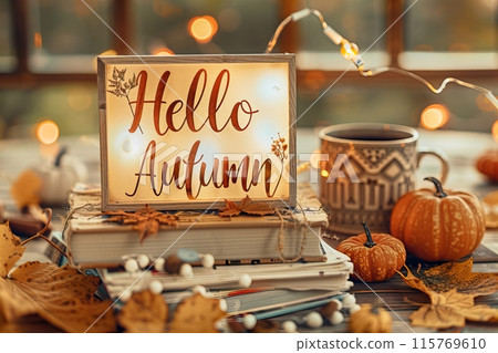 Fall backdrop. Books and dried orange maple leaves.  115769610