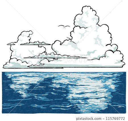 Large and small cumulonimbus clouds floating on the ocean and two white seabirds flying in the distance - woodblock print style 115769772