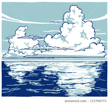 夏日天空中大大小小的雲朵在海洋上空升起，兩隻白色的海鳥在遠處飛翔，用毛筆畫，雙色畫。 115769773