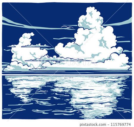 夏日深藍色的海洋天空升起大大小小的雲朵，遠處飛翔著兩隻白色的海鳥。 115769774