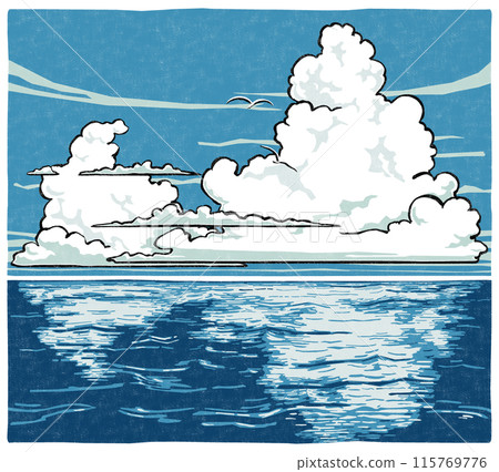 Large and small cumulonimbus clouds appearing in the summer sky over the ocean and two white seabirds flying in the distance - woodblock print style Large and small cumulonimbus clouds appearing in the summer sky over the ocean and two white seabirds flying in the distance - woodblock print style 115769776