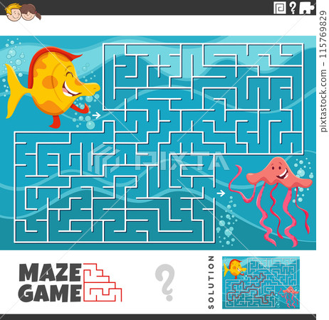maze game with cartoon fish and jellyfish sea animals 115769829