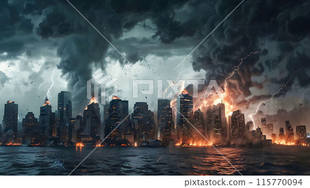 impact of global warming and climate change, big storm thunder and tornado twister destroying the big cities, future events describing the climate change impact for content creation, AI Generated 115770094