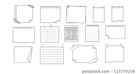 Memo sticky note reminder sheet paper. Doodle paper frame, check list with pin, tape, paperclip elements. Set cute notes, office or school messages. 115770259