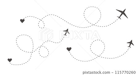 Itinerary dashed trace, line airplane flight, dotted path, aircraft tracking simple minimal trip isolated on white background. Plan with start point. Tattoo 115770260