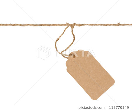 Blank brown rectangular brown paper tag on a rope  on white background, template for price 115770349