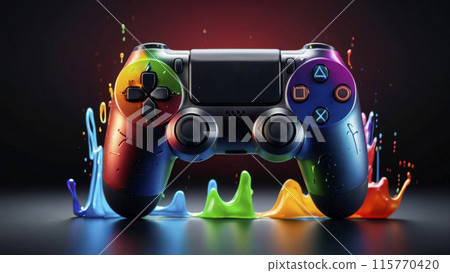 Abstract illustration of a Game joystick against a background of splashes of paint and neon light. 115770420